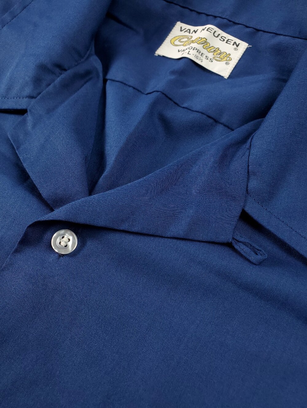 Vintage 60s Van Heusen Loop Collar Shirt Century VanoPress Large Rockabilly Blue - Picture 6 of 9